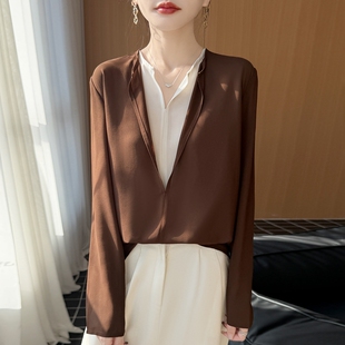 打底衫 咖色气质上衣春夏雪纺乔其纱衬衣西装 女长袖 V领假两件衬衫