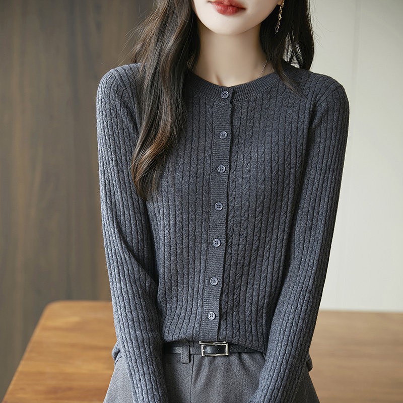 精纺羊毛麻花针织衫上衣外套女开衫2025新款长袖圆领打底上衣毛衫