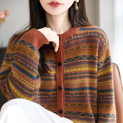 覆古提花圆领加厚针织开衫外套女外穿上衣减龄洋气毛衣费尔岛毛衫