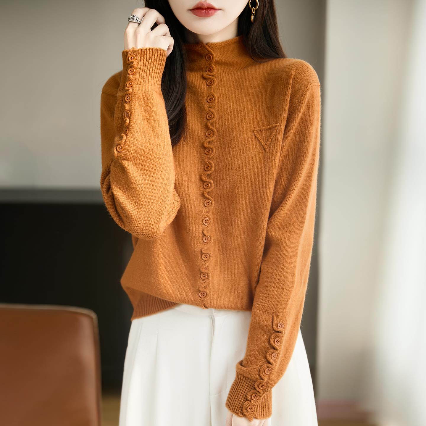 波浪木耳边多扣半高领针织打底衫女立领宽松百搭长袖毛衣秋冬内搭