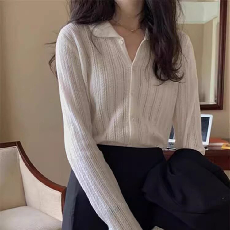 娃娃领羊毛开衫女宽松薄款春秋法式镂空毛衣外套高级感针织衫百搭图片