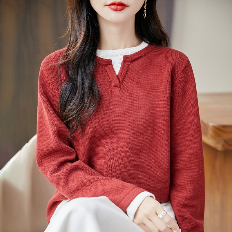 法式假两件撞色针织衫女纯棉