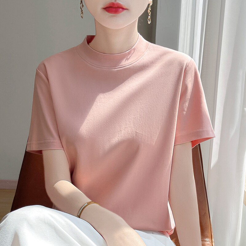 半高领短袖t恤女纯棉宽松简约打底衫上衣显瘦丝光棉半袖女士体恤