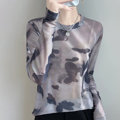 新款水墨晕染网纱T恤长袖圆领