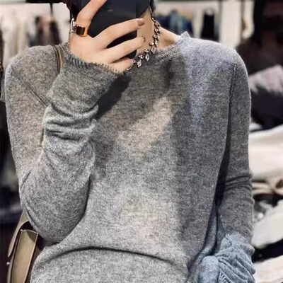 薄款微透圆领流苏边羊绒针织衫女春秋宽松韩版毛衣时尚羊毛打底衫