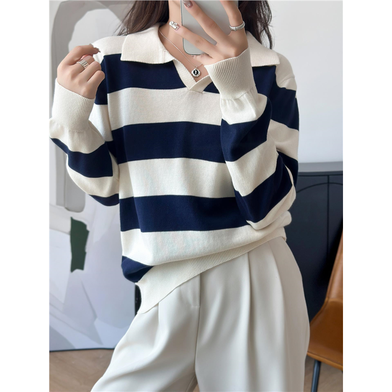 法式撞色条纹100纯棉线POLO领针织衫女miu系毛衣2025新款气质上衣