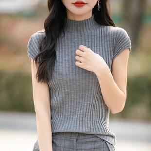 显腰身春秋紧身内搭打底 法式 半高领针织短袖 女T恤连肩小飞袖 修身