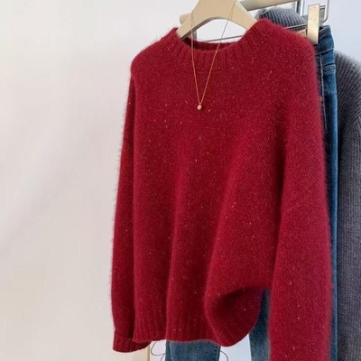 红色亮丝新款羊绒衫女欧货高端宽松慵懒风秋冬新年本命年打底毛衣