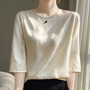 女圆领中袖 25新款 中国风真丝提花衬衫 新中式 醋酸缎面宽松上衣 夏季