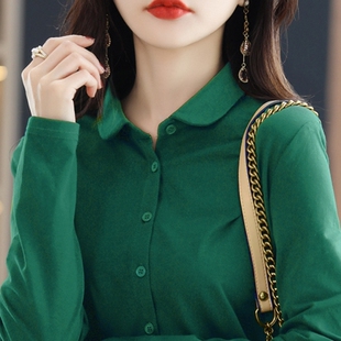 新款春秋纯棉女士衬衫polo领职业装寸衫宽松百搭衬衣打底衫上衣