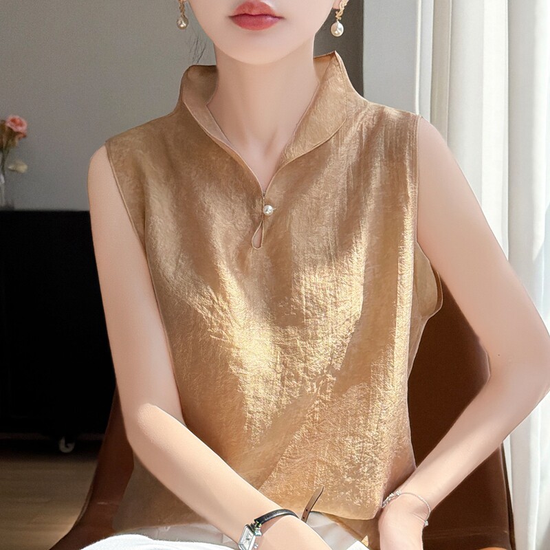 新中式立领无袖衬衫女装夏季复古盘扣欧根纱国风上衣时尚丝质小衫