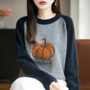 韩系拼色圆领南瓜刺绣打底毛衣女25秋冬新款 宽松加厚针织内搭上衣