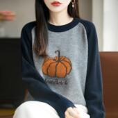 韩系拼色圆领南瓜刺绣打底毛衣女25秋冬新款 宽松加厚针织内搭上衣