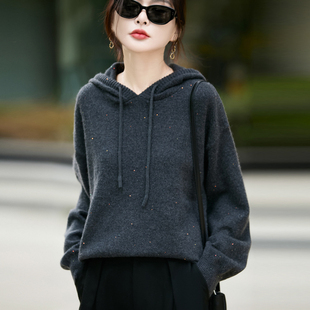 秋冬新款连帽浣熊绒彩点帽衫女羊毛衫女针织打底卫衣显瘦洋气上衣