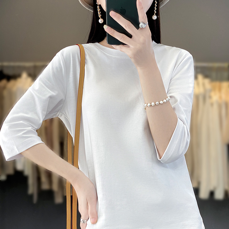 丝光棉七分袖t恤男女春夏新款圆领宽松100%纯棉短袖打底体恤上衣