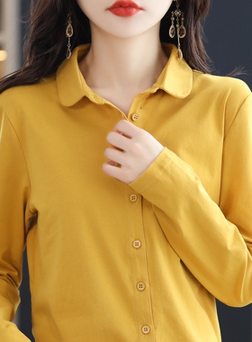秋冬弹力纯棉长袖衬衫女设计感小众时尚宽松韩版衬衣polo领开衫女