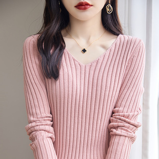 显瘦外穿内搭线衫 女V领套头毛衣修身 上衣新 针织打底衫 纯棉线长袖