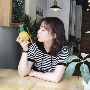 条纹有带帽衫女夏短袖t恤纯棉薄款宽松时尚大码韩版连帽半袖上衣