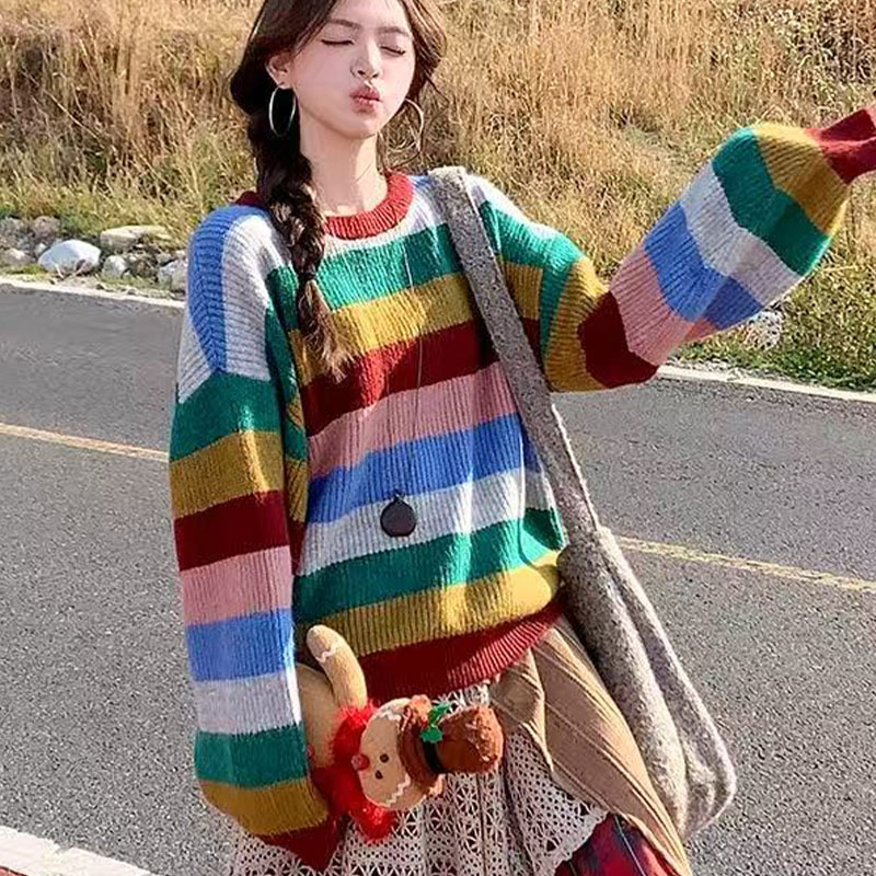 彩色多巴胺毛衣民族风宽松