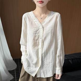 简约风苎麻无领系带衬衫女长袖宽松通勤风上衣春夏防晒衫开衫衬衣