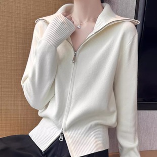 法式双拉链翻领针织开衫女2025新款长袖保暖打底毛衣洋气毛衫外套