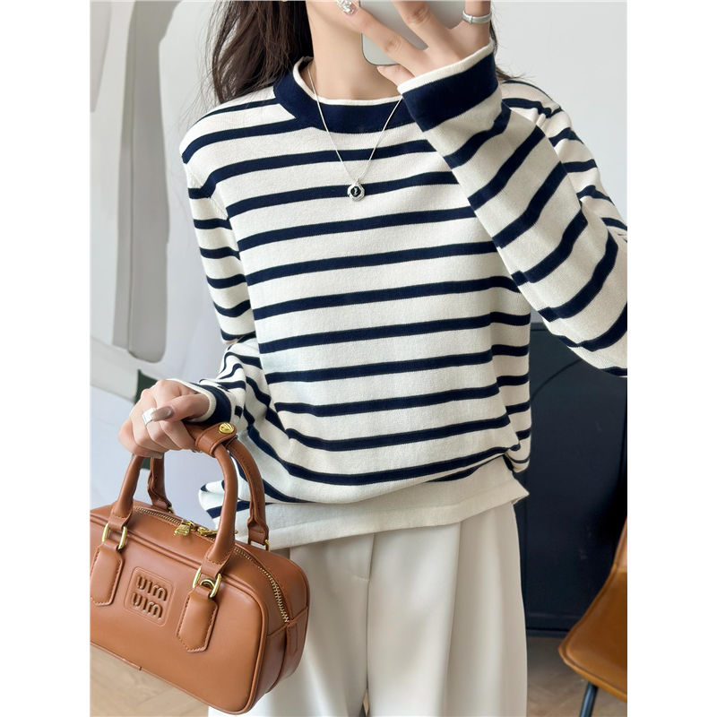 法式撞色蓝白条纹100纯棉线针织衫女巨好看毛衣2025新款舒适打底
