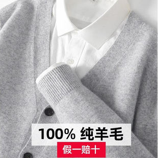 2026新款春秋纯羊毛开衫男V领青年商务休闲大码针织时尚羊绒外套