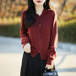 双拉链连帽针织开衫外套毛衣女2025新款长袖宽松显瘦外搭精纺毛衫