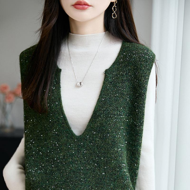 韩版气质V领亮片针织马甲女款秋冬新款洋气时尚百搭无袖背心上衣