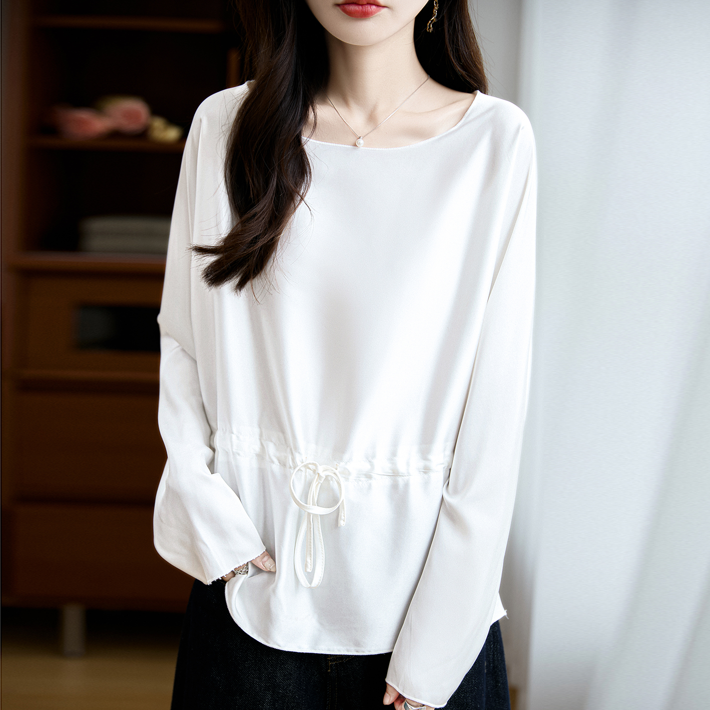 真丝上衣女圆领长袖宽松衬衫