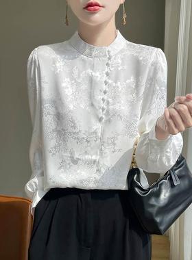轻国风白色真丝衬衫女职场穿搭春季长袖立领衬衣中式印花通勤上衣