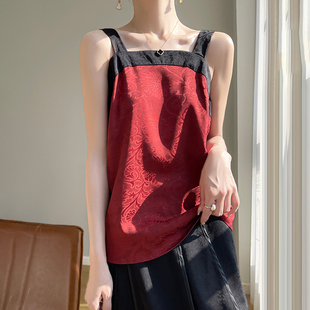 2025夏新款 吊带背心女配西装 国风打底印花拼色缎面无袖 T恤 新中式