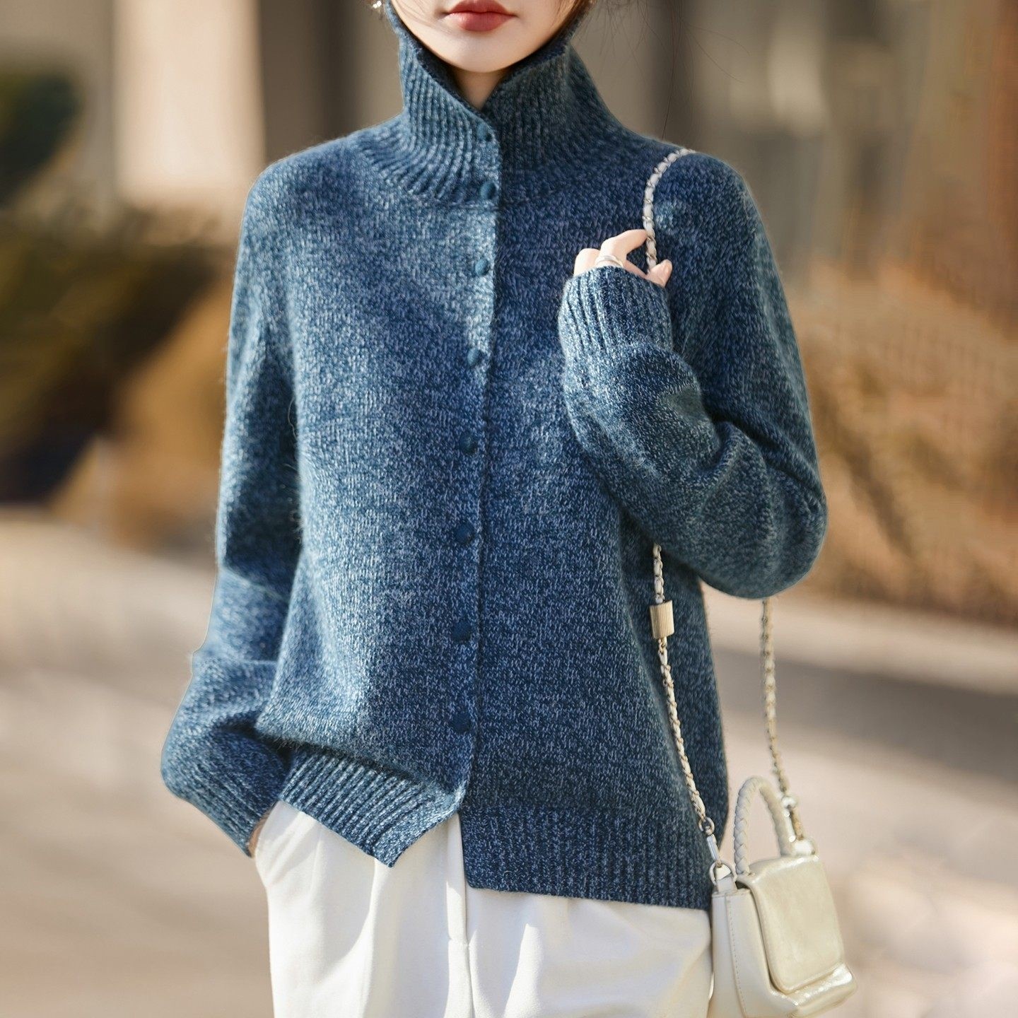 老钱风高领针织开衫女2025新款秋冬加厚羊毛翻领毛衣外套宽松上衣