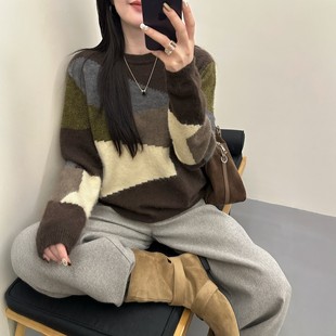秋冬女士加厚拼色毛衣女款2025新款冬季爆款高级感宽松针织打底衫