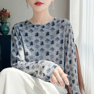 打底衫 早秋薄款 针织衫 圆领印花显瘦百搭上衣薄款 长袖 t恤2025新款