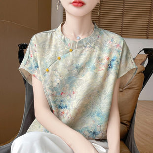 新中式香云纱缎面印花短袖女斜襟立领T恤小衫洋气百搭真丝上衣薄