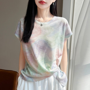法式彩虹扎染印花冰丝小飞袖T恤女2026新款夏薄小众透气短袖上衣