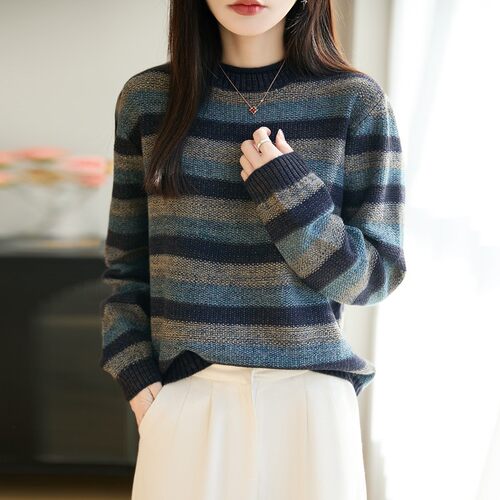 纯棉半高领加厚条纹毛衣女