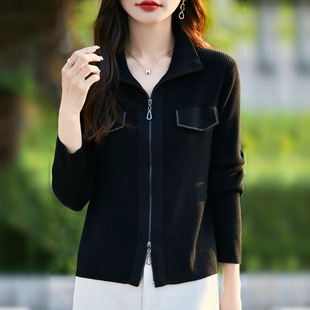 25秋冬精仿羊毛假兜双头拉链立领长袖 上衣百搭外套毛衣女 针织开衫