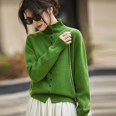 秋冬新款半高领精纺羊毛开衫女气质百搭排口针织衫加厚毛衣外套女