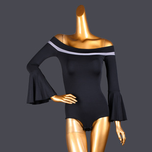 拉丁舞服装一字领荷叶袖成人上衣摩登舞女舞蹈练功服恰恰黑色白色