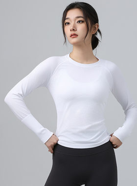 秋冬无缝健身上衣女生长袖弹力针织运动圆领跑步速干瑜伽服t恤女