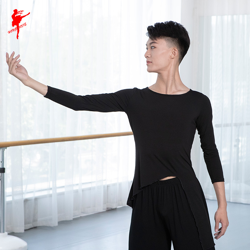 红舞鞋舞蹈服男士莫代尔不规则边现代舞七分袖上衣舞蹈练功服