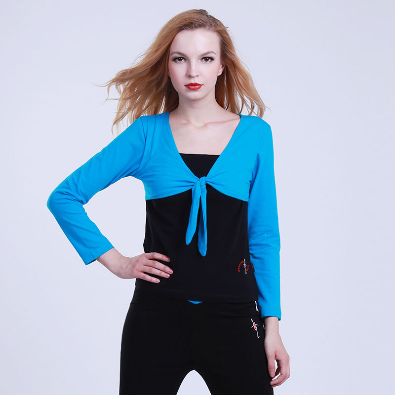 红舞鞋 薄棉拼色前打结长袖舞蹈上衣 拉丁舞 舞蹈练功服BM11002