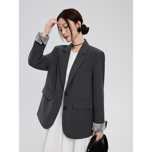 外套女高级感廓形蕾丝拼色西服百搭休闲外套 SeeU喜尤灰色宽松西装