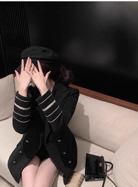 2025秋冬新韩版格纹收腰设计感小众黑色毛呢西装外套女中长款上衣