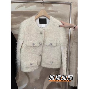 2025秋冬新款小香名媛风气质显瘦羊毛粗花呢女圆领单排扣加厚外套