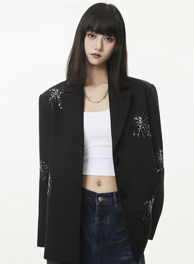 SeeU喜尤重工烟花刺绣珠片西装外套黑色显瘦个性宽松设计感西服女