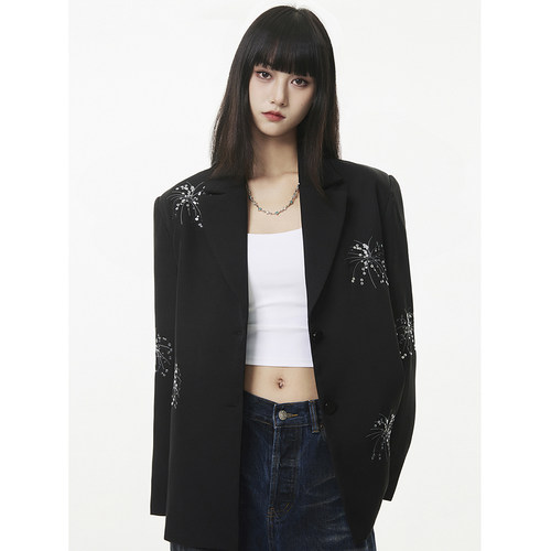 SeeU喜尤重工烟花刺绣珠片西装外套黑色显瘦个性宽松设计感西服女