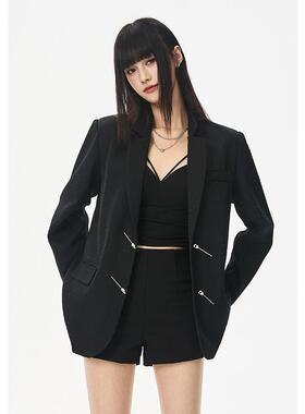 SeeU喜尤明星同款黑色小众廓形西装外套女烫钻个性春秋季休闲西服